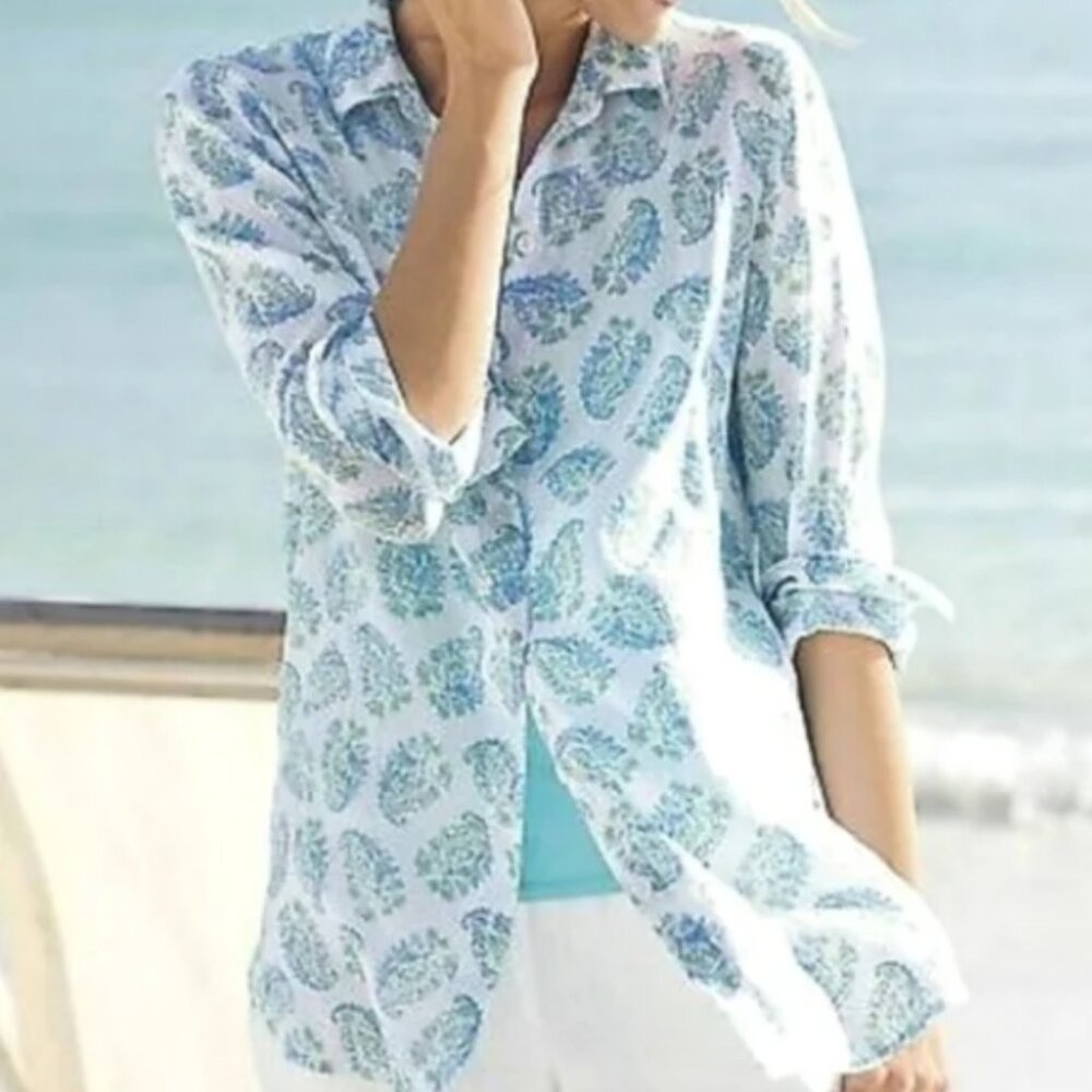 J. Jill Love Linen Caribbean Blue & Green Paisley Shirt size M  NWTS